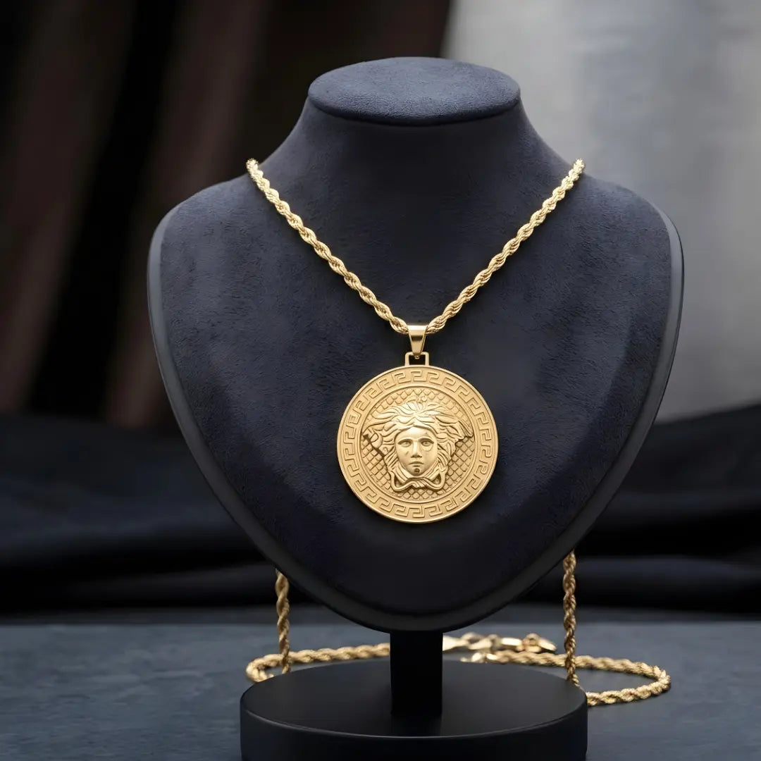 18K Gold Filled Large Greek Medusa Head Medallion Pendant Necklace – Greek Key Rope Chain Necklace